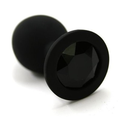 Черная силиконовая анальная пробка с черным стразом - 8 см.